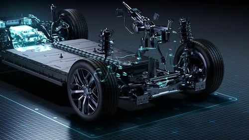 3D Electric Vehicle Chassis with Battery and Powertrain Animation