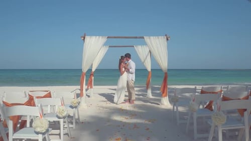 Couple Private Wedding Ceremony on Tropical Beach, Aerial Drone Aerial