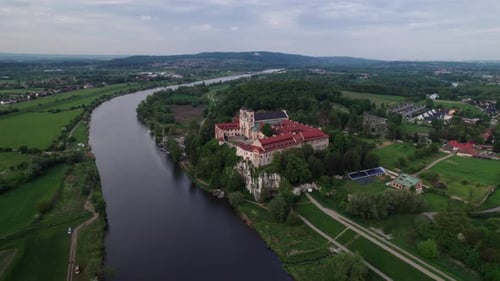 Tyniec Abbey Krakow aerial, Polish church landmark on the cliff