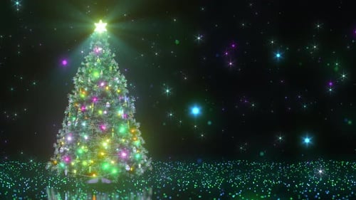Animated Christmas Tree with Glowing Lights and Sparkling Background