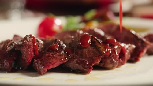 Beef Angus Steak in Restaurant Close Up Pieces of Hot Ribeye Steak Served on the Wooden Board Medium
