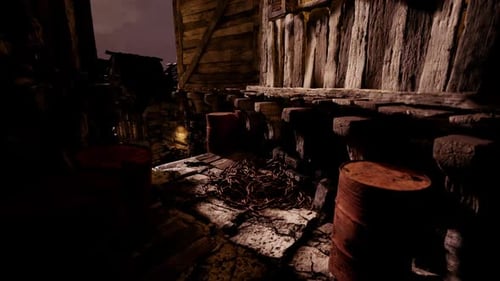 Old Wooden Structure with Barrels and Rubble in a Dimly Lit Setting at Night