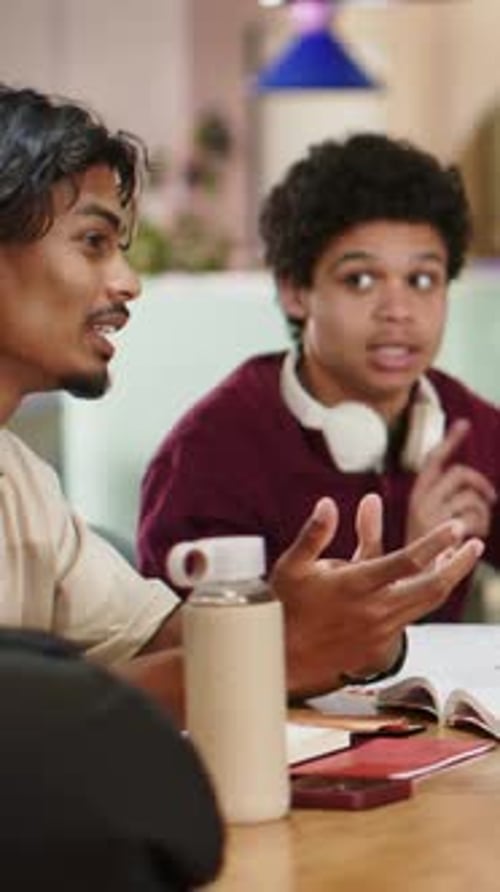 Vertical video: Starting left man in beige tee explaining while right man following notes, studying