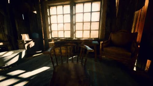 Rustic Old Cabin Interior with Dramatic Sunlight Through Window