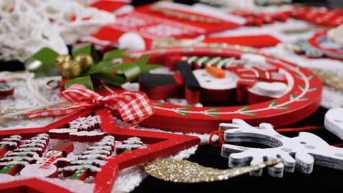 Festive Christmas decorations close-up. Vibrant holiday ornaments and gifts.