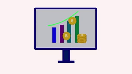 Animated Flat Design Bar Chart with Bitcoin Coins on Monitor