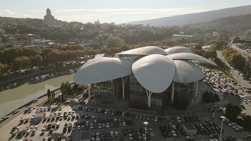 Cars Ir Parking Lot By Public Service Hall In Tbilisi (Rising View)