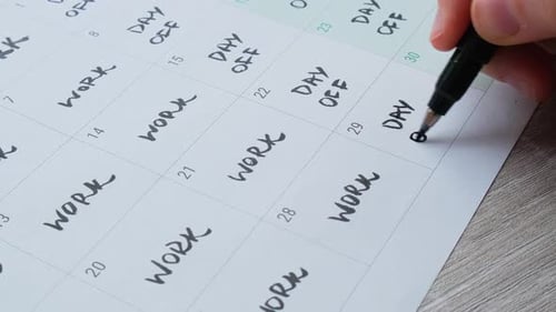 4 Day Work Week Printed Calendar with Weekend Days Four Day Working Week Concept Female Hand Writing