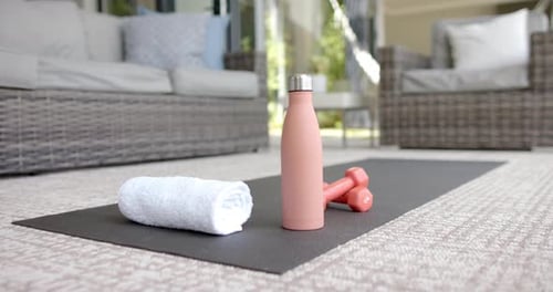 Exercise Still Life with Mat, Weights, and Bottle