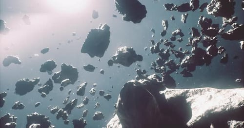 Asteroids Floating in Space with Bright Cosmic Background and Light Rays