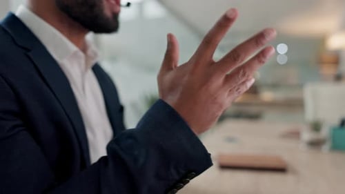 Businessman, hands and consulting in call center, customer service or telemarketing at the office
