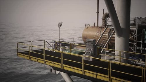 Oil Rig Platform at Sunset with Equipment and Safety Measures in Place