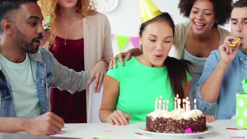 Friends Celebrate Birthday with Cake and Party Favors