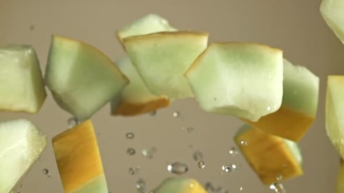 Des morceaux de melon volent sur un fond clair filmés par une caméra à haute vitesse à 1000 images par seconde
