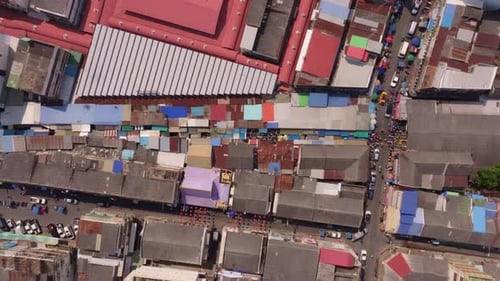 Aerial view of Maeklong Railway Market, no train, Samut Songkhram