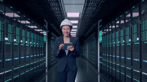 Asian Businesswoman Use Tablet While Walking and Looking Around in Data Center