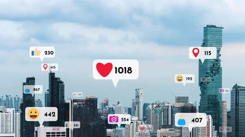 Social Media Icons Fly Over City Downtown Showing People Reciprocity Connection