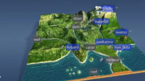 Animated 3D Map Illustrating Geographical Land and Water Features