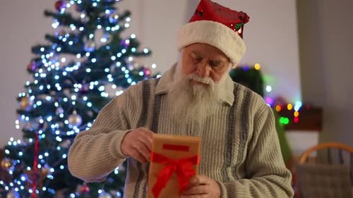 Senior Man Opening Christmas Present at Home