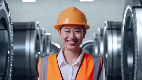 Asian Female Engineer Smiling To Camera In Metal Factory