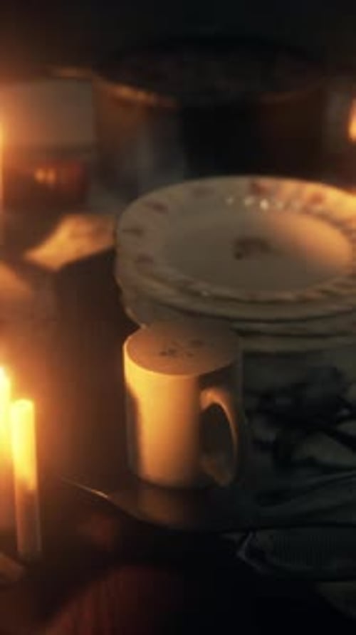 Flickering Candles and Mug in Cozy Low Light