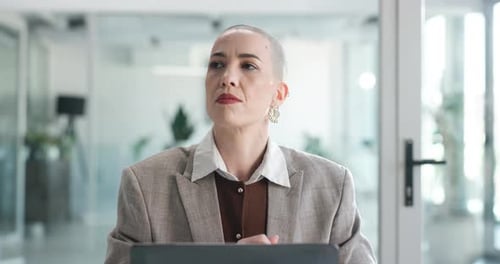 Thinking, employee and woman with laptop, office or idea for investment proposal