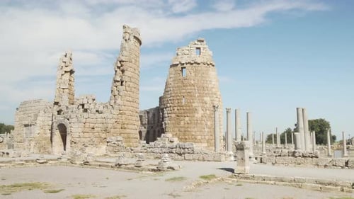 Scenic ruins of Hellenistic city gate in Perge (Perga), Turkey