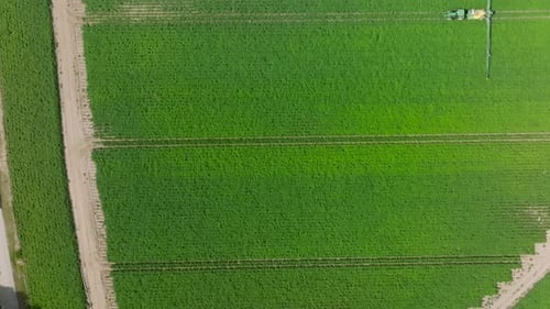 Vista aérea del campo agrícola y el tractor, Escocia.