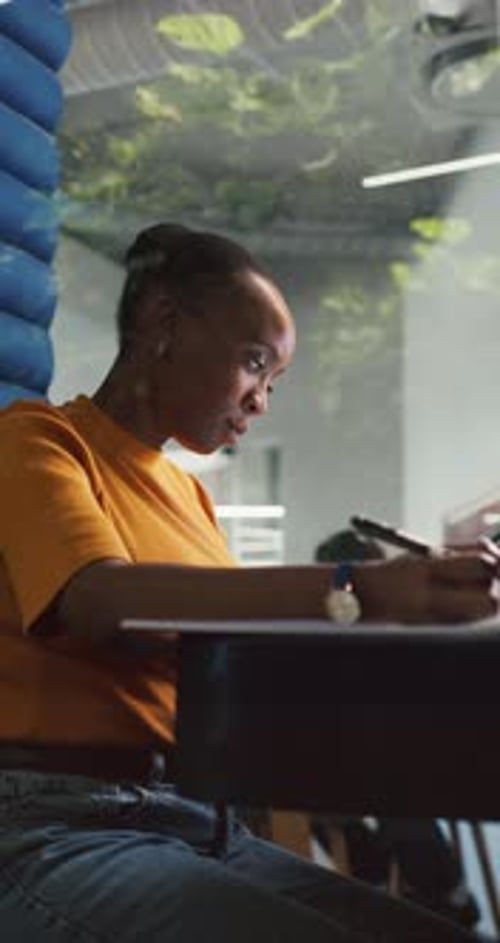 Thinking, writing and woman in office cubicle for story ideas, review article and editing report