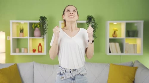 Smiling Woman with Pleased Expression in Home Living Room