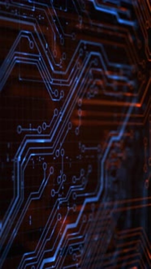 Futuristic Glowing Blue Orange Circuit Board Data Flow Loop