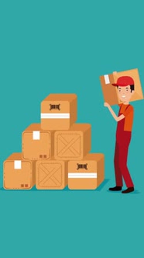 Animated Delivery Person with Stacked Cardboard Boxes