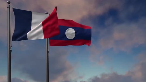 Flagge von Laos weht zusammen mit der Nationalflagge Frankreichs - 4K
