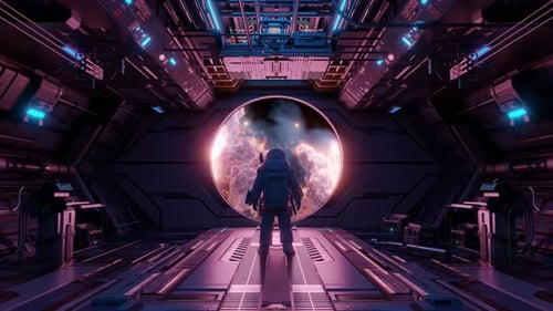Futuristic Astronaut Gazes at Fiery Cosmic Portal in Spaceship