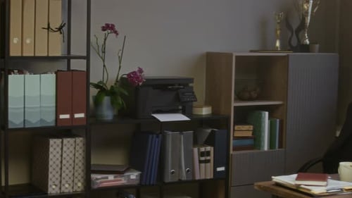 Principals Office Workplace with Desk and Shelves in Modern School