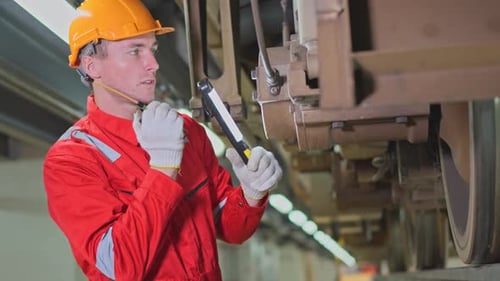 Professional technician worker use walkie-talkie to discuss with co-worker during use light tube
