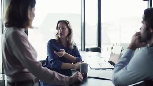 Business team collaboration at modern office with laptops and cheerful talking