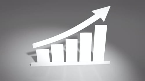 Paper cut 3D bar chart with upward arrow on grey background, white cutout infographic