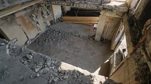 Burnt Wardamaged Apartment Interior Video Destroyed Walls Collapsed Ceilings Debris in Abandoned