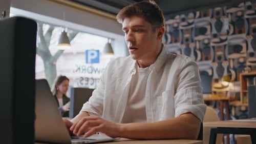 Office Worker Opening Laptop Started Working at Modern Desk Closeup Man Working