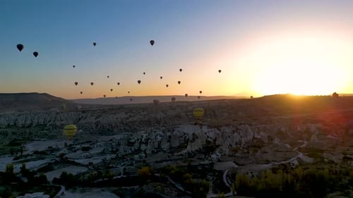 aerial view of hot air balloons flying in Cappadocia - Turkey