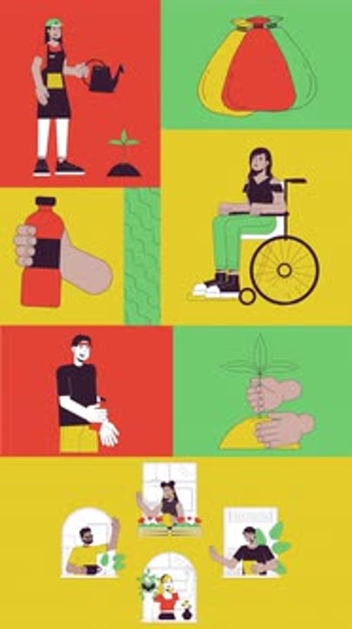 Disability inclusion and sustainable living bento grid vertical animation