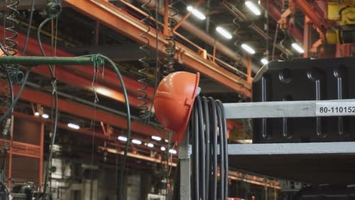Orange Safety Helmet Hangs on Corner of Rack on Automobile Assembly Line