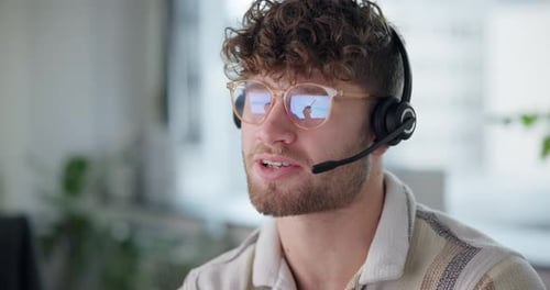 Call center, businessman and talk for consulting, tech support or customer advice at office