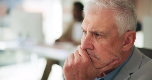 Thinking, ideas and mature businessman in office with research for finance review with company