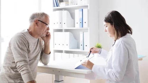 пожилой человек консультируется с врачом в кабинете