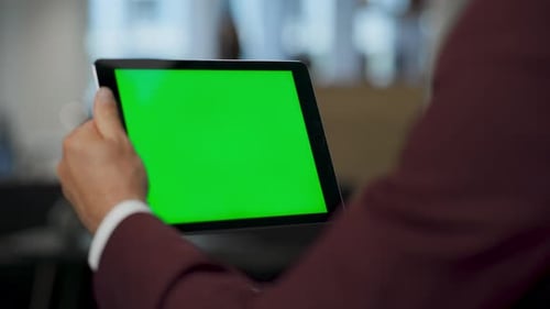 Businessman Arms Touching Green Display Tablet Office Closeup