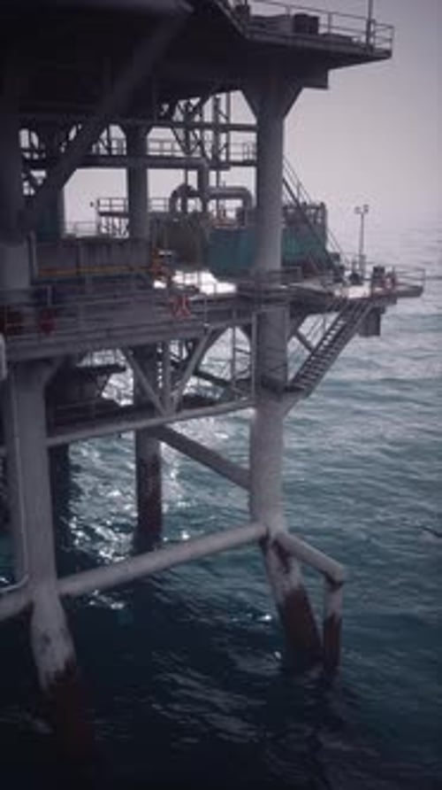 Oil Rig Stands Tall Over Waves As Workers Manage Operations at Sea
