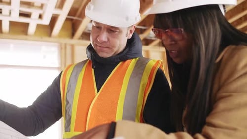 Construction Workers Reviewing Blueprints at Building Site