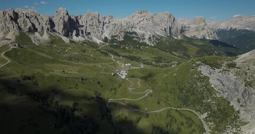 Aerial view of Passo Gardena, Dolomites Mountains, Trentino, Italy.